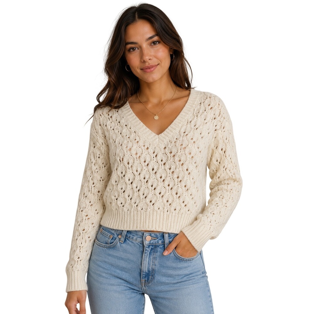 ASTR The Label Cream Pointelle V-Neck Knit Sweater cottagecore women'sSize M